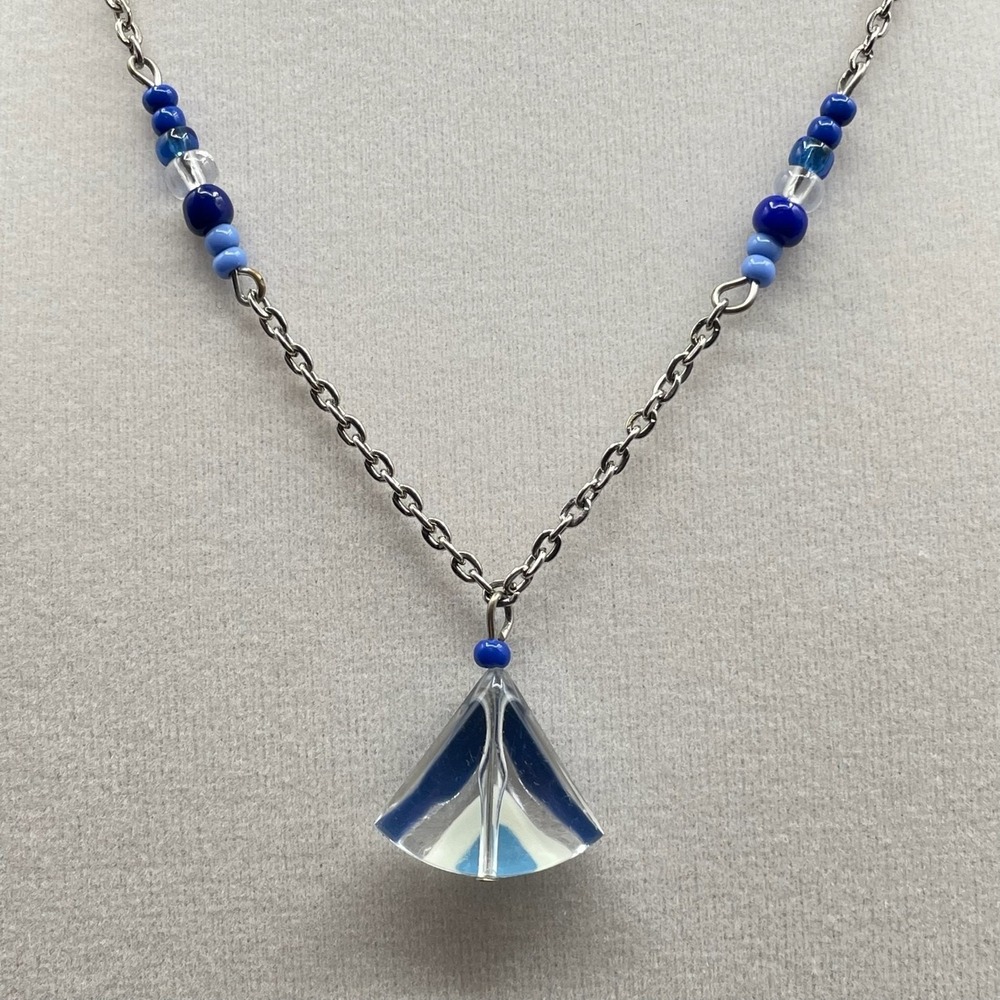 Vintage Womens Blue Glass Pendant & Crystal Bead Chain Fashion Necklace